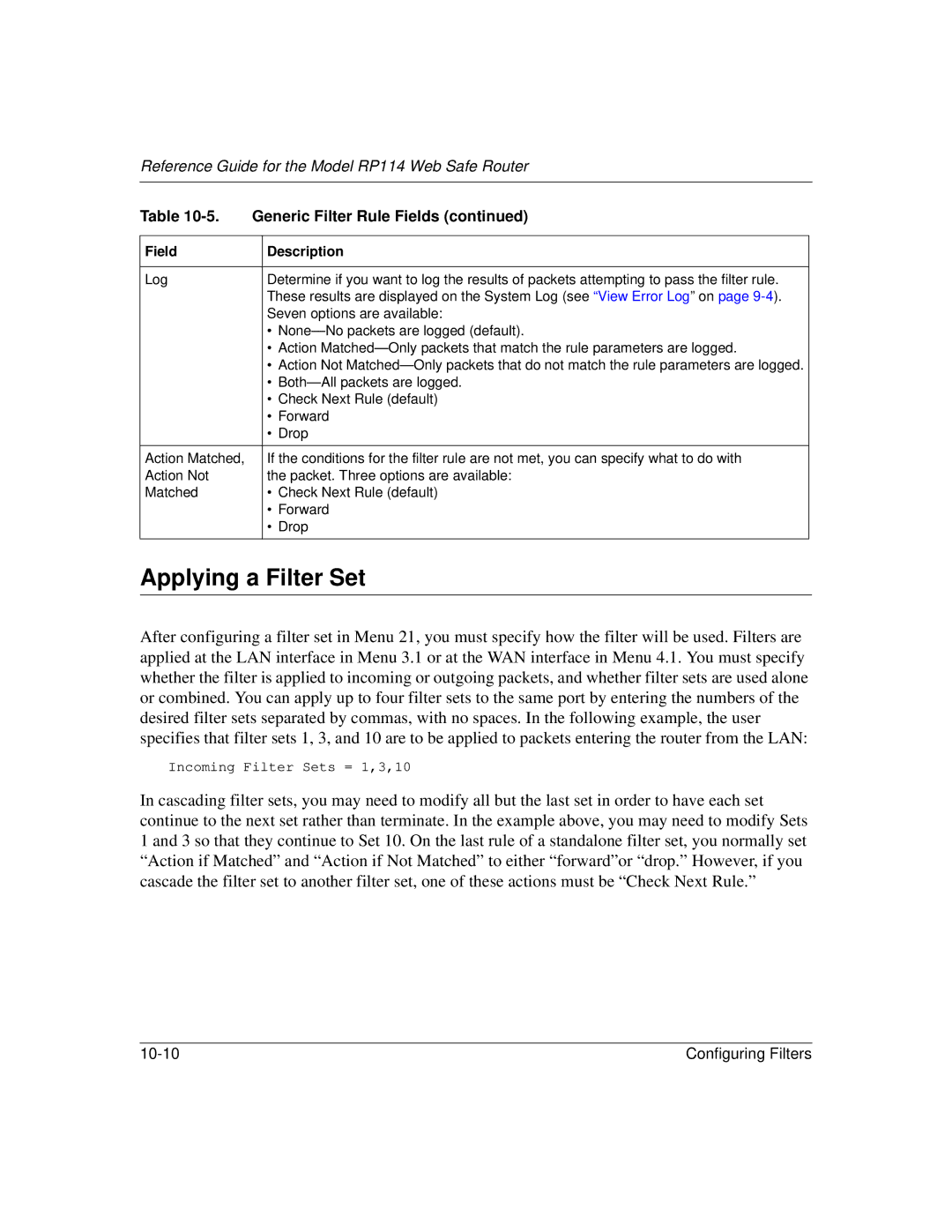 NETGEAR RP114 manual Applying a Filter Set 