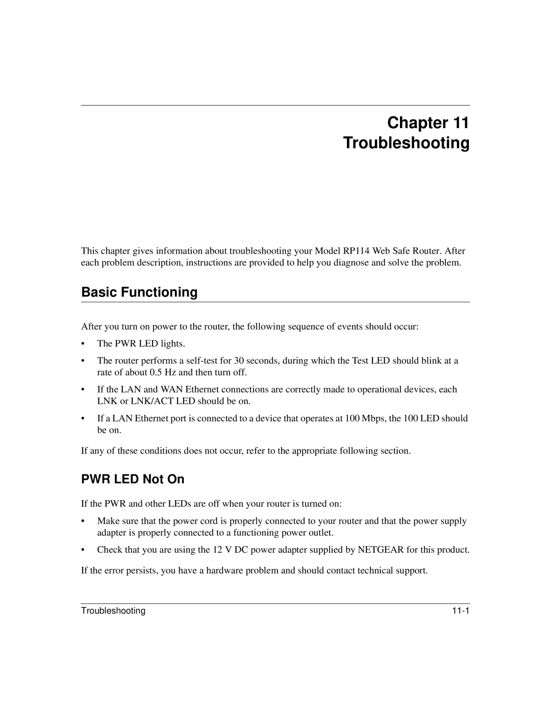 NETGEAR RP114 manual Chapter Troubleshooting, Basic Functioning, PWR LED Not On 