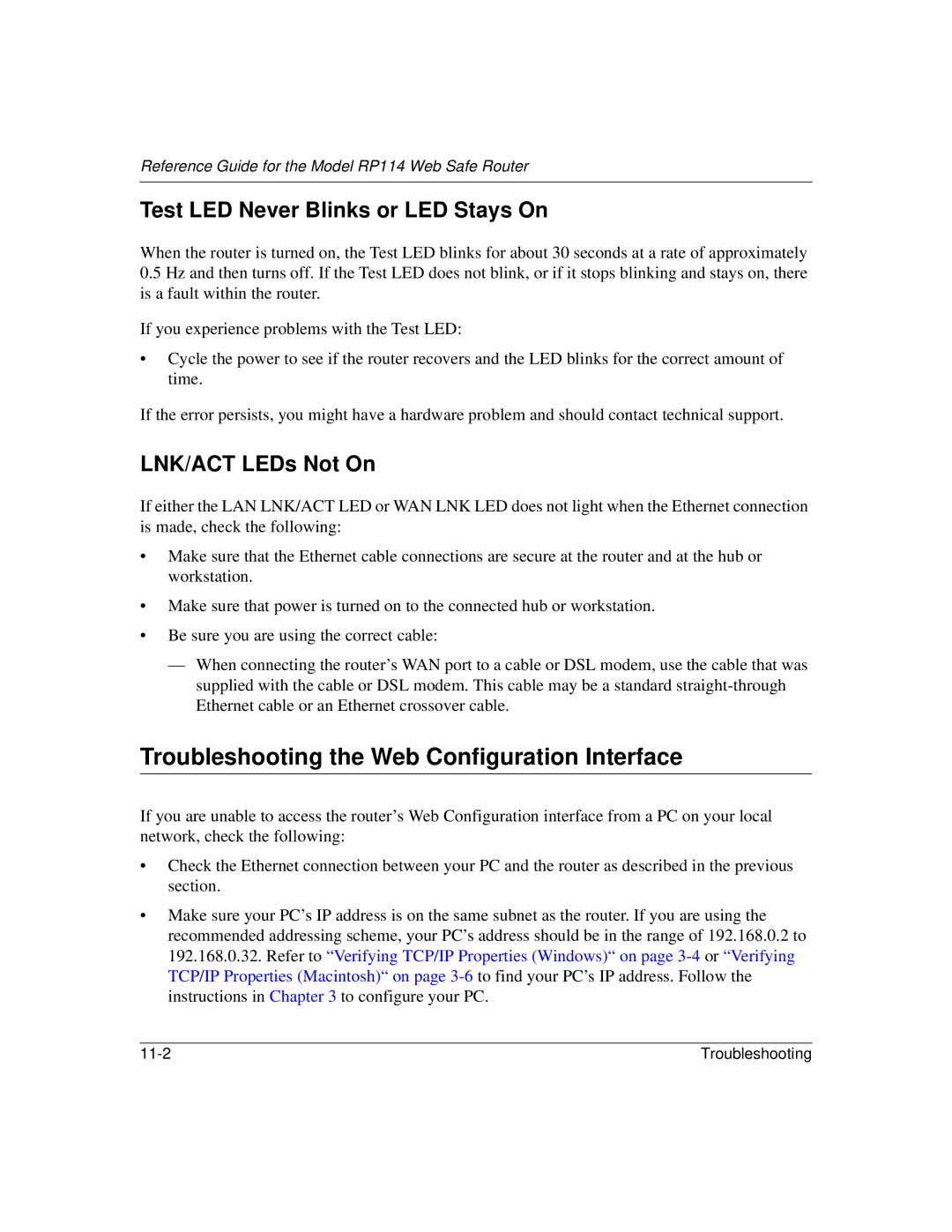 NETGEAR RP114 Troubleshooting the Web Configuration Interface, Test LED Never Blinks or LED Stays On, LNK/ACT LEDs Not On 