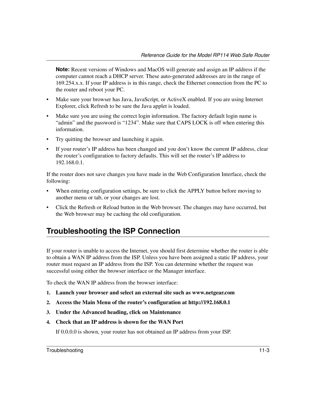 NETGEAR RP114 manual Troubleshooting the ISP Connection 