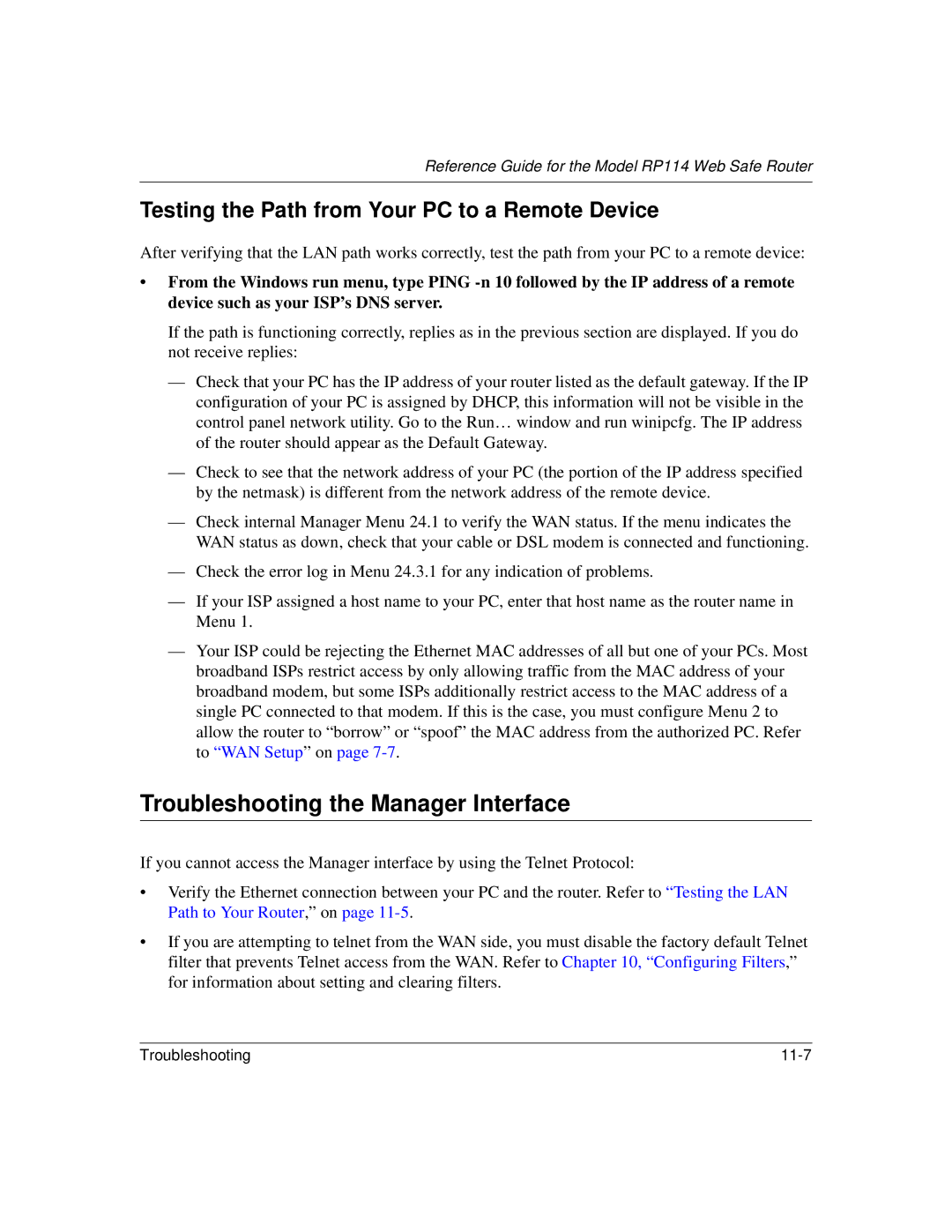 NETGEAR RP114 manual Troubleshooting the Manager Interface, Testing the Path from Your PC to a Remote Device 