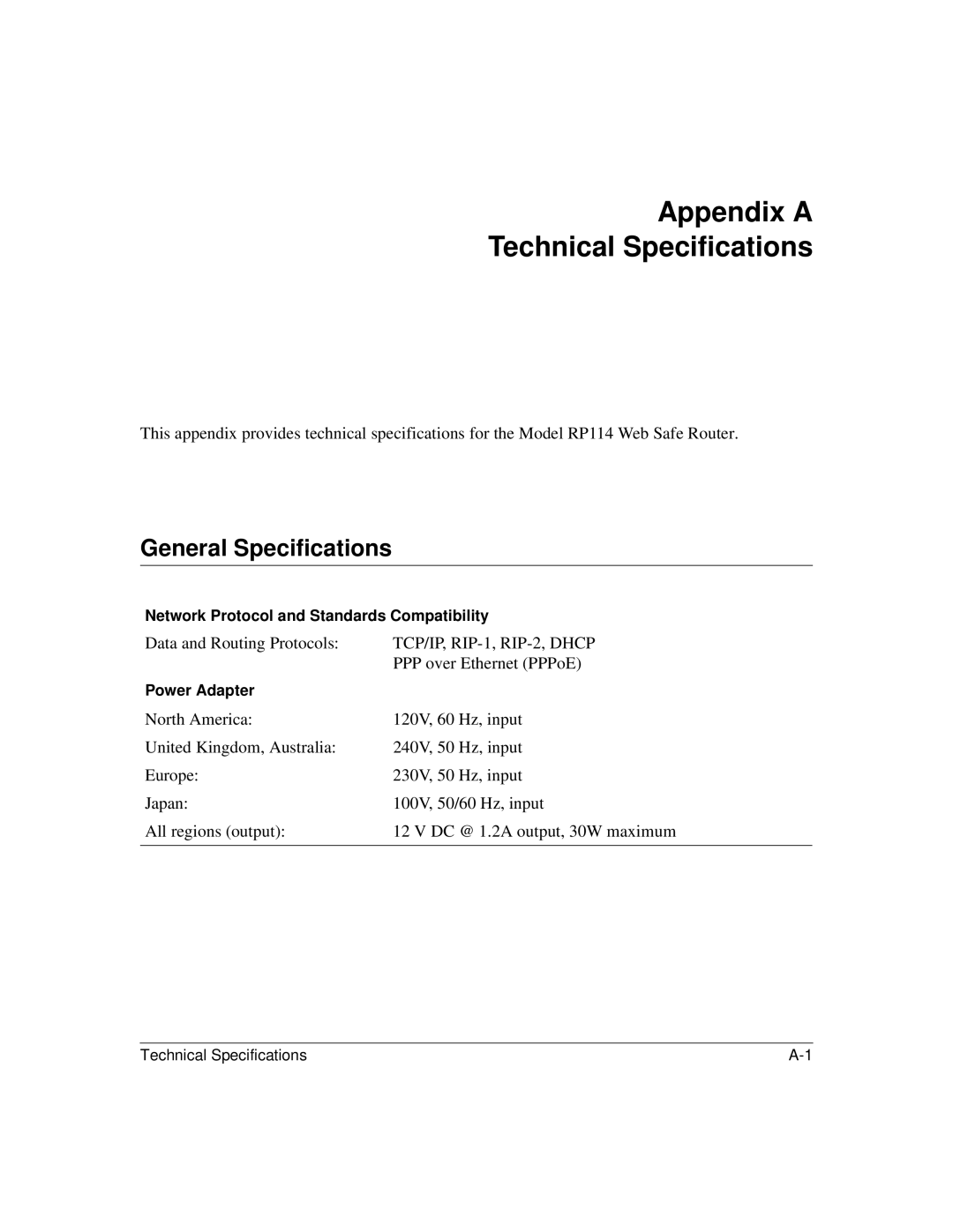 NETGEAR RP114 Appendix a Technical Specifications, General Specifications, Network Protocol and Standards Compatibility 