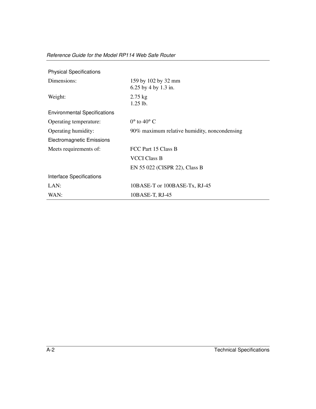 NETGEAR RP114 Physical Specifications, Environmental Specifications, Electromagnetic Emissions, Interface Specifications 