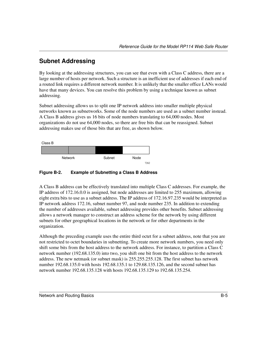 NETGEAR RP114 manual Subnet Addressing, Figure B-2. Example of Subnetting a Class B Address 