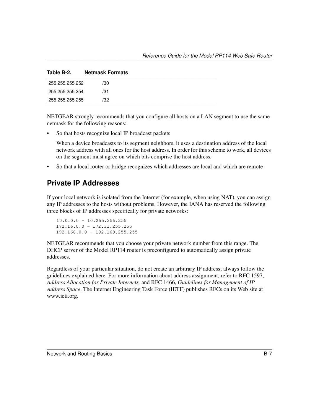 NETGEAR RP114 manual Private IP Addresses 