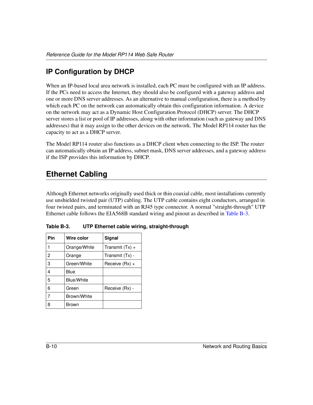 NETGEAR RP114 manual Ethernet Cabling, IP Configuration by Dhcp, Table B-3 UTP Ethernet cable wiring, straight-through 