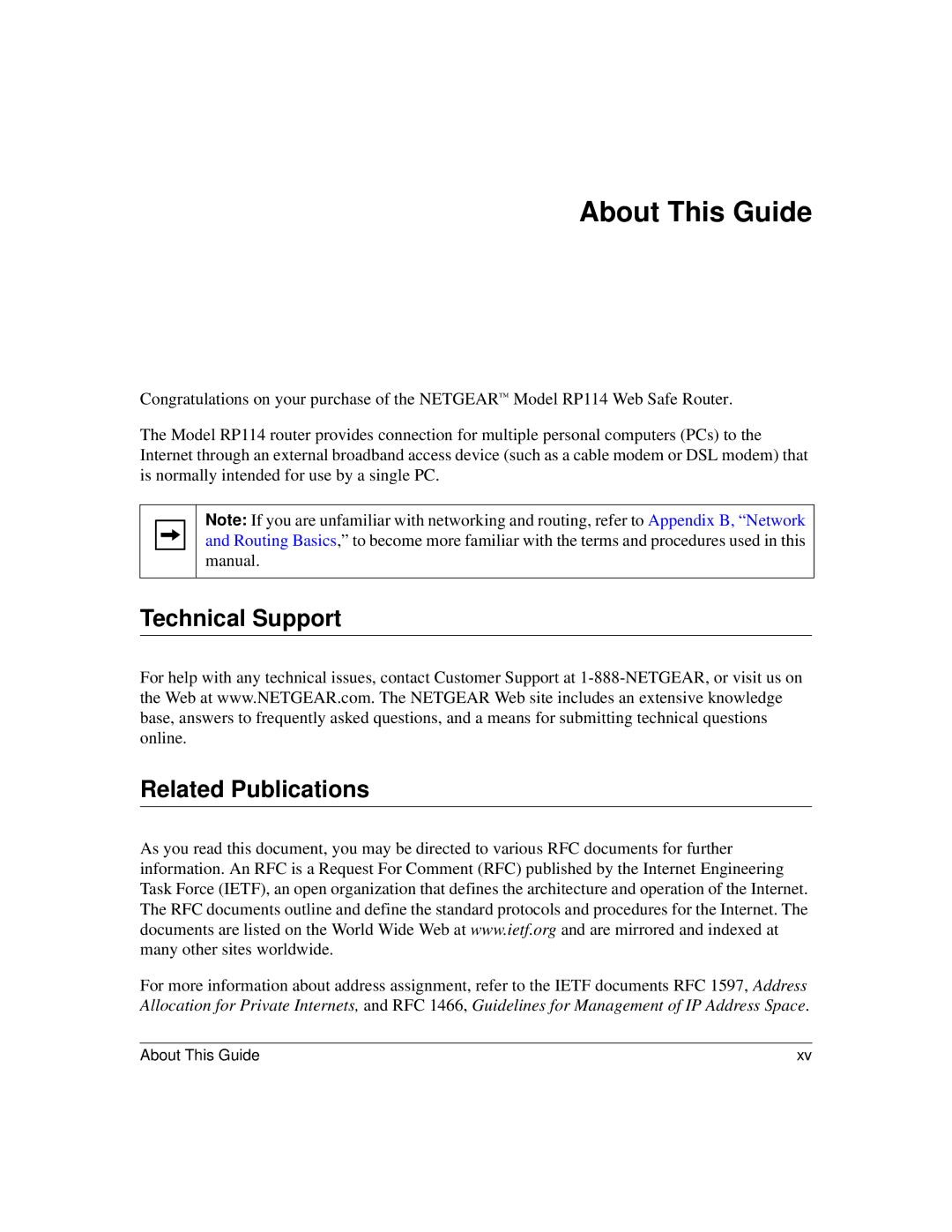 NETGEAR RP114 manual About This Guide, Technical Support Related Publications 