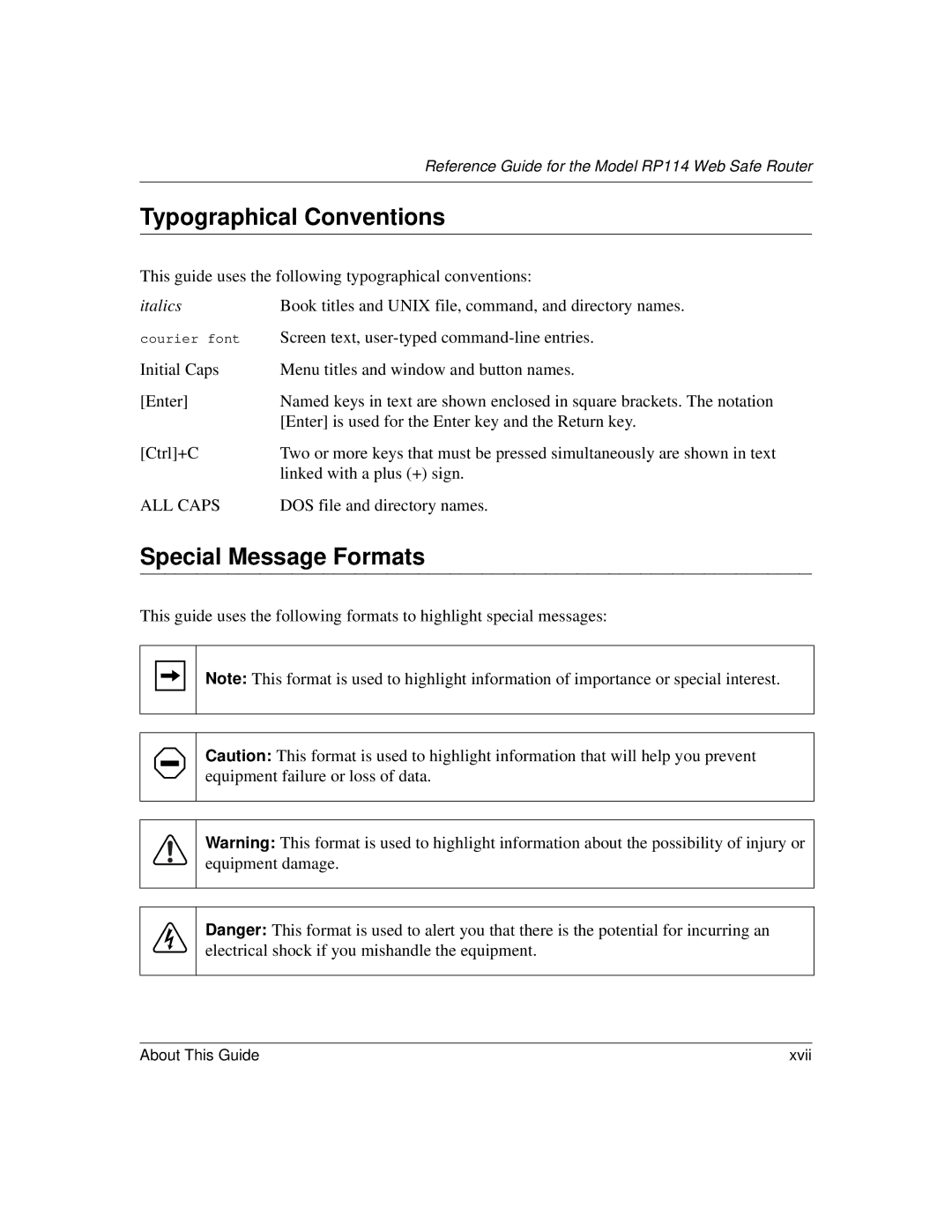 NETGEAR RP114 manual Typographical Conventions, Special Message Formats 