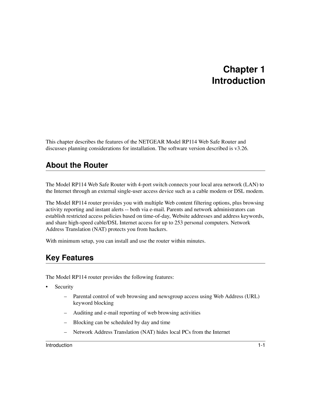 NETGEAR RP114 manual Chapter Introduction, About the Router, Key Features 