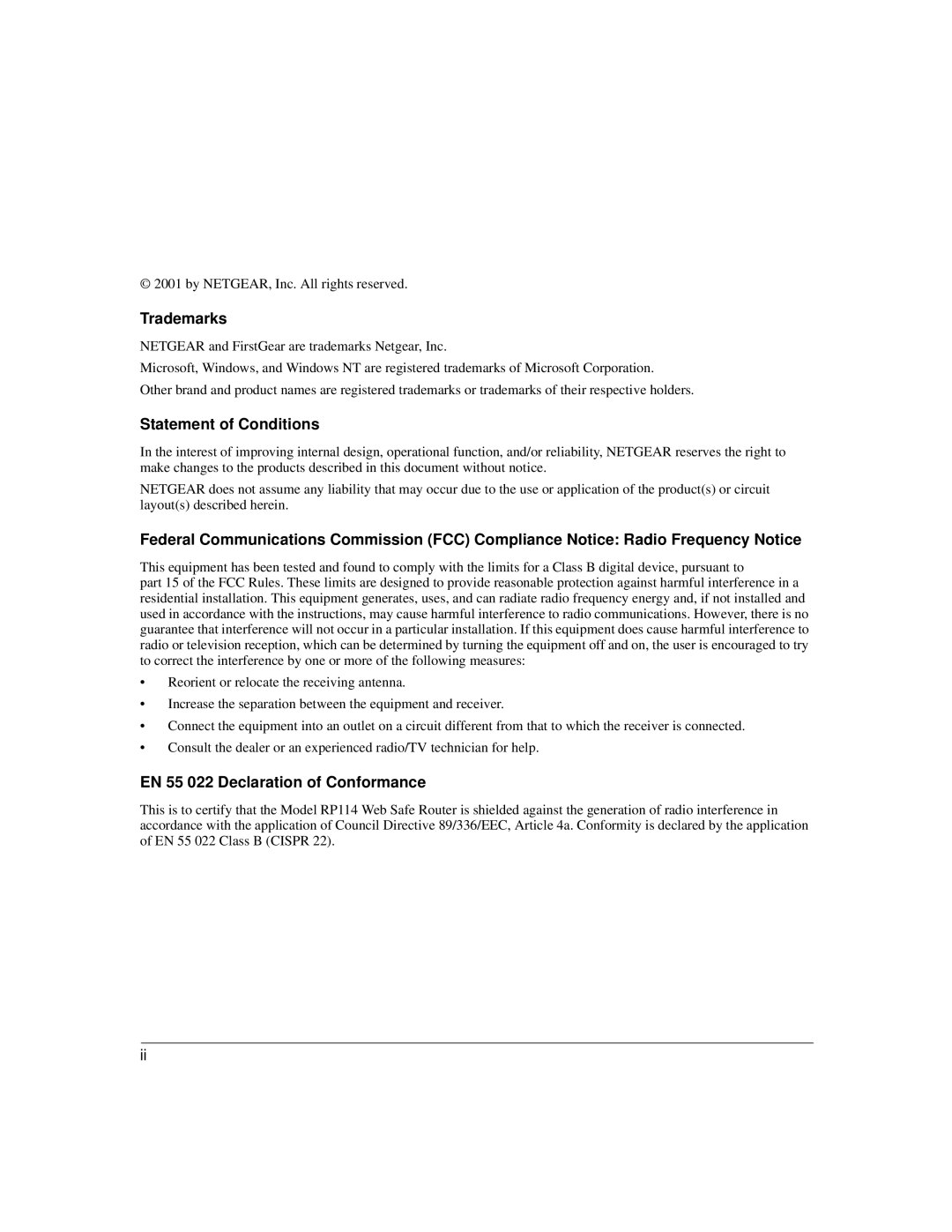 NETGEAR RP114 manual Trademarks, Statement of Conditions, EN 55 022 Declaration of Conformance 