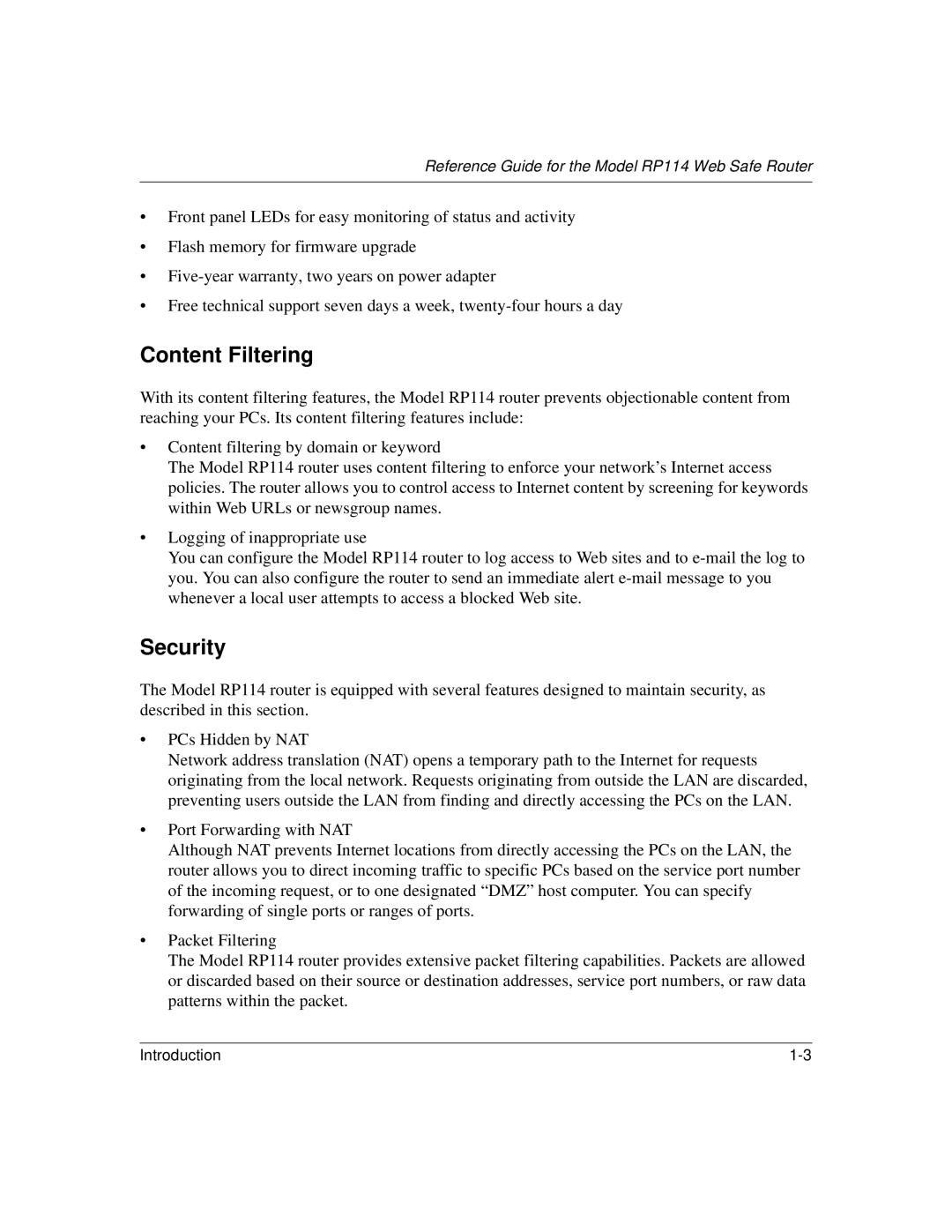 NETGEAR RP114 manual Content Filtering, Security 