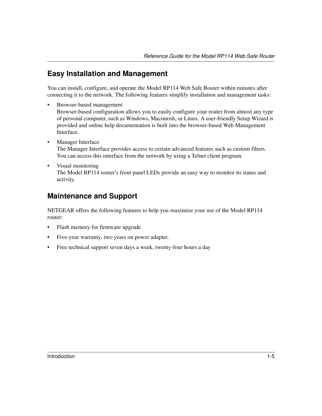 NETGEAR RP114 manual Easy Installation and Management, Maintenance and Support 