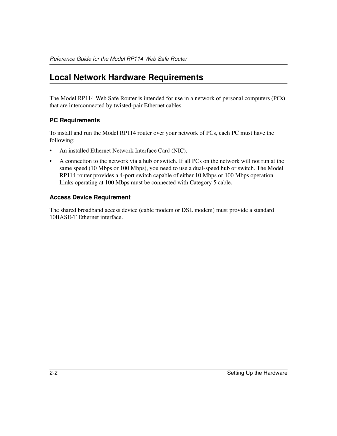 NETGEAR RP114 manual Local Network Hardware Requirements, PC Requirements 