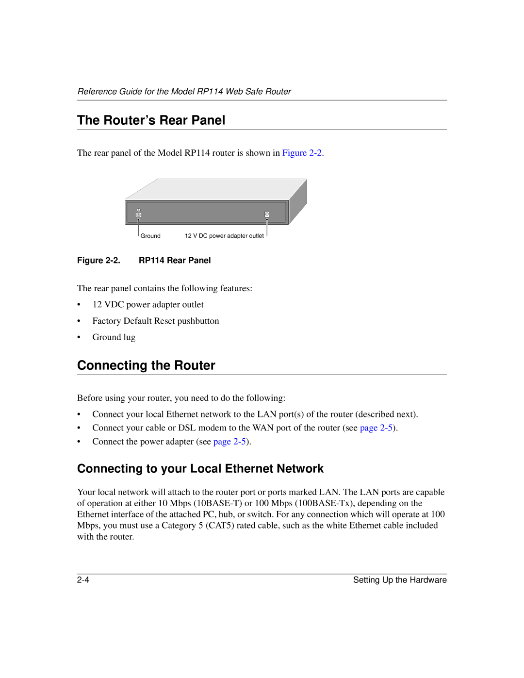 NETGEAR RP114 manual Router’s Rear Panel, Connecting the Router, Connecting to your Local Ethernet Network 