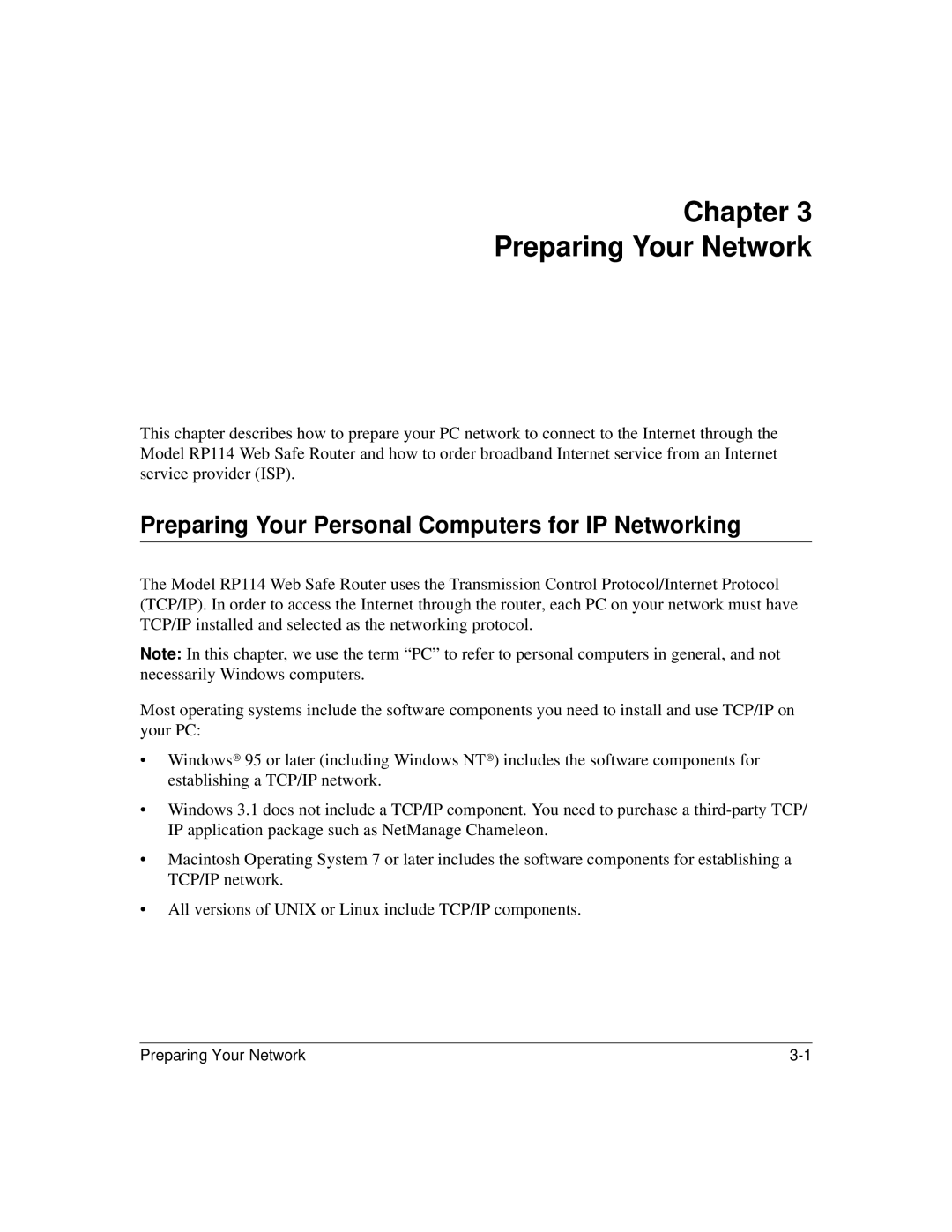 NETGEAR RP114 manual Chapter Preparing Your Network, Preparing Your Personal Computers for IP Networking 