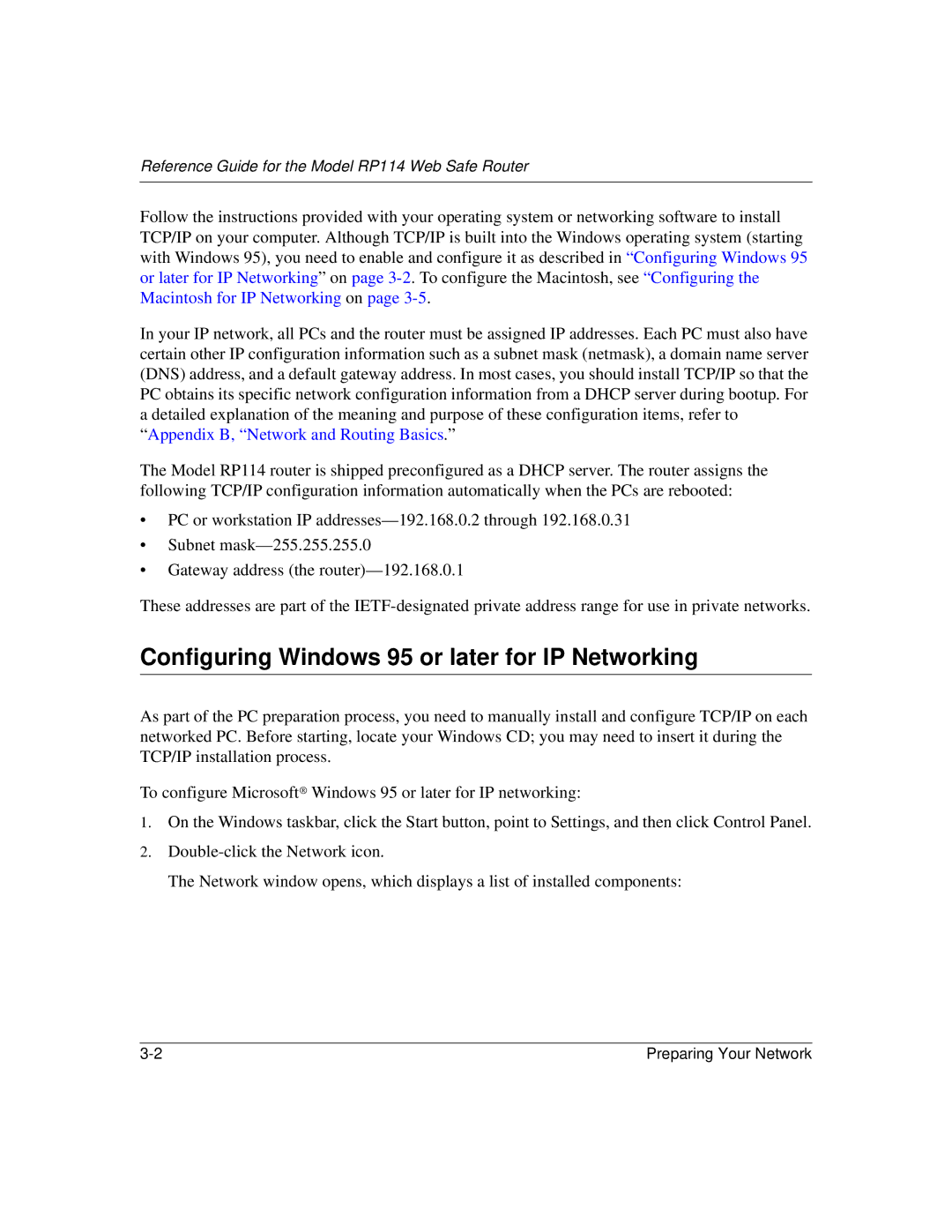 NETGEAR RP114 manual Configuring Windows 95 or later for IP Networking, Appendix B, Network and Routing Basics 