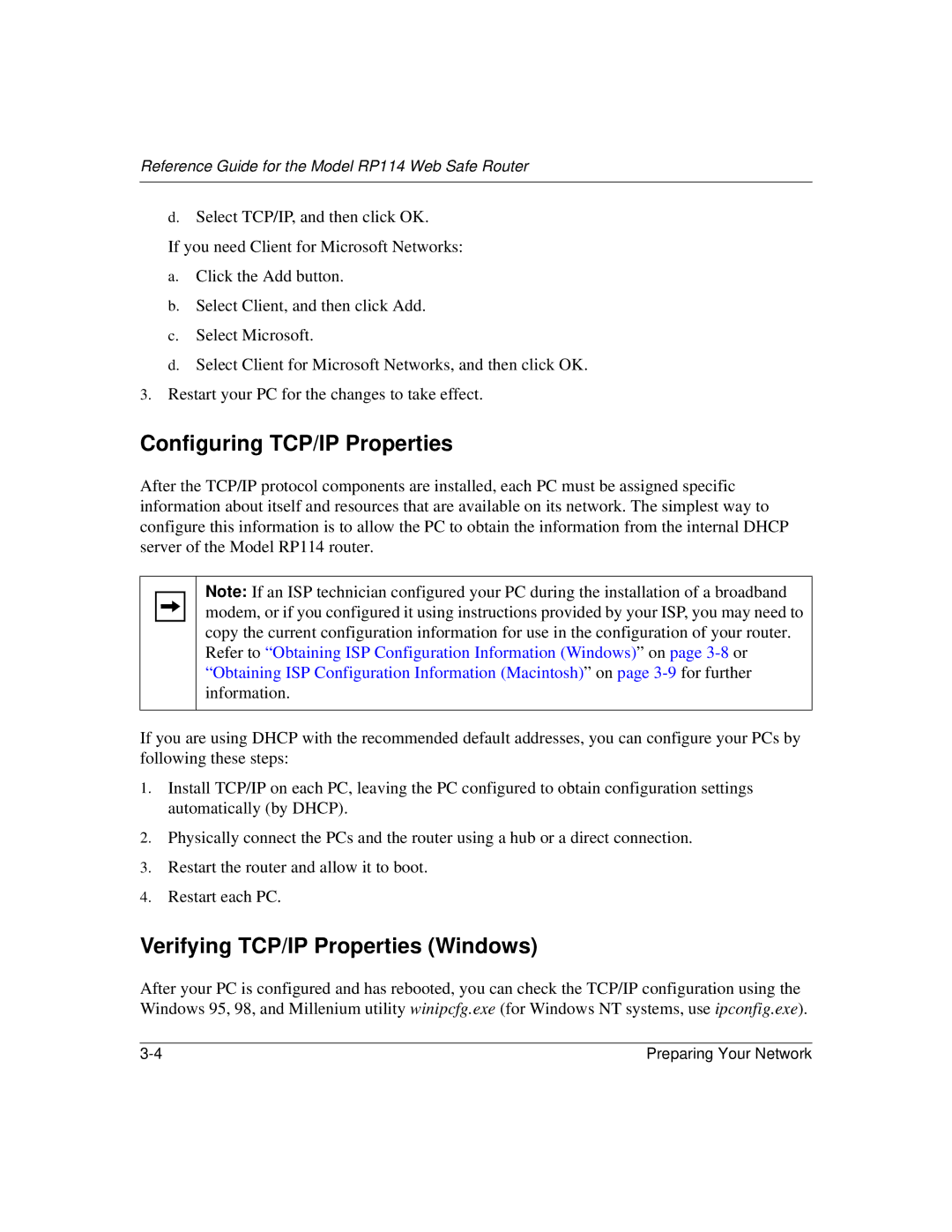 NETGEAR RP114 manual Configuring TCP/IP Properties, Verifying TCP/IP Properties Windows 