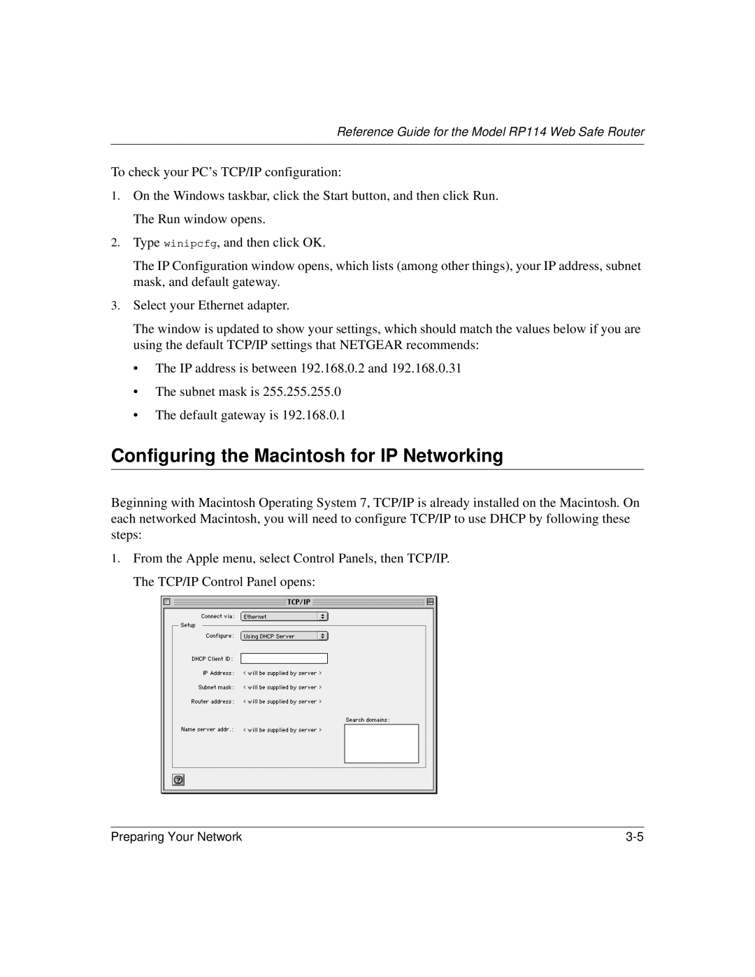 NETGEAR RP114 manual Configuring the Macintosh for IP Networking 