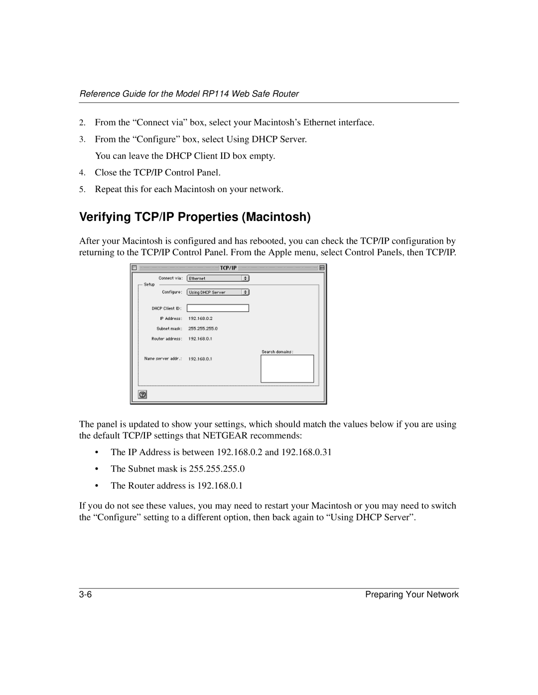 NETGEAR RP114 manual Verifying TCP/IP Properties Macintosh 