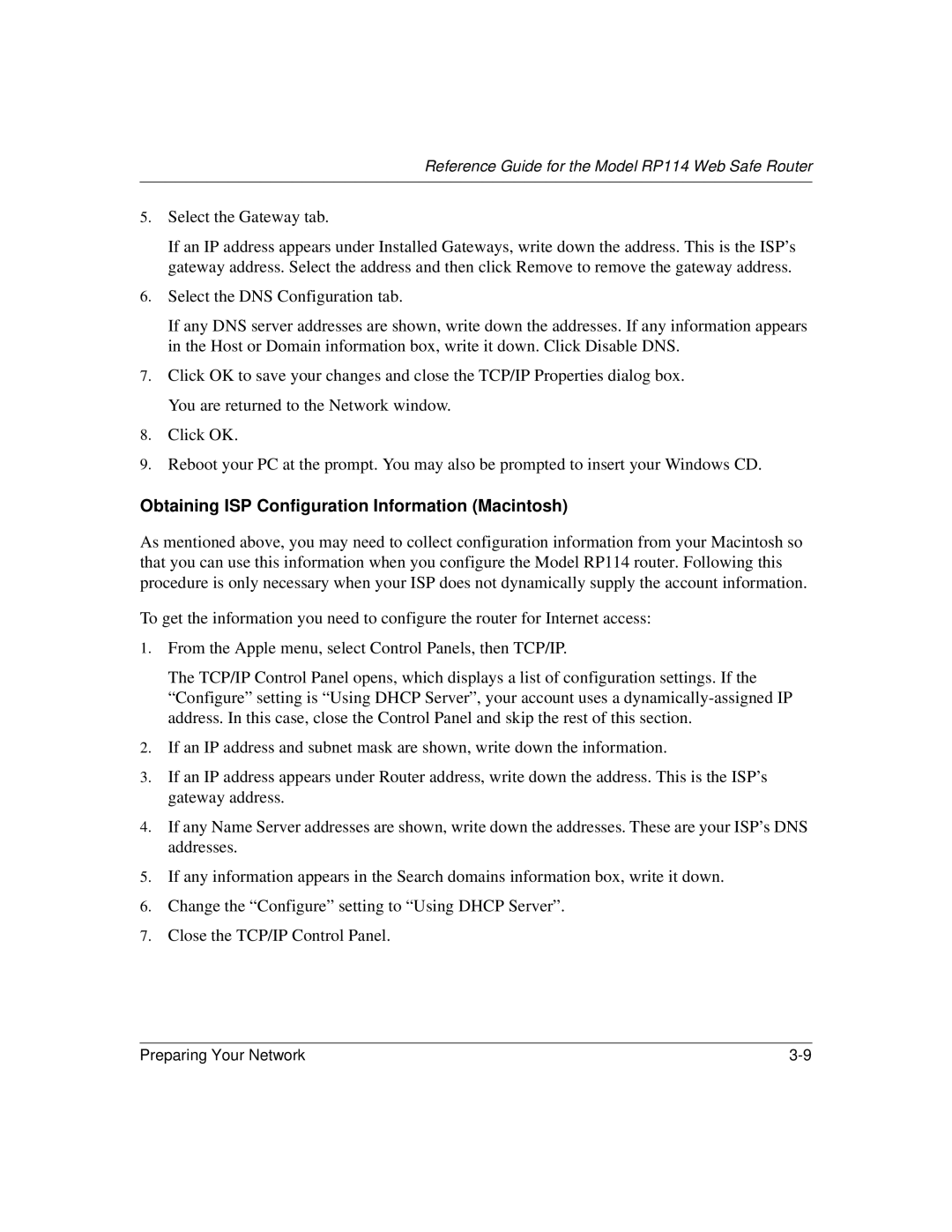 NETGEAR RP114 manual Obtaining ISP Configuration Information Macintosh 