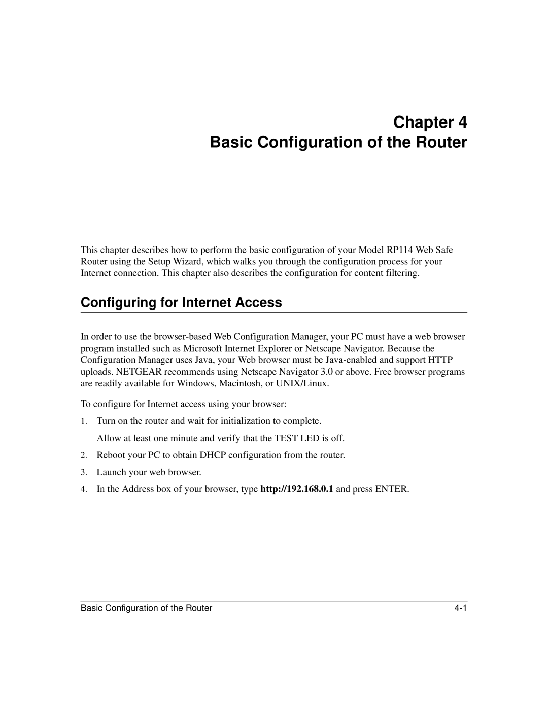 NETGEAR RP114 manual Chapter Basic Configuration of the Router, Configuring for Internet Access 