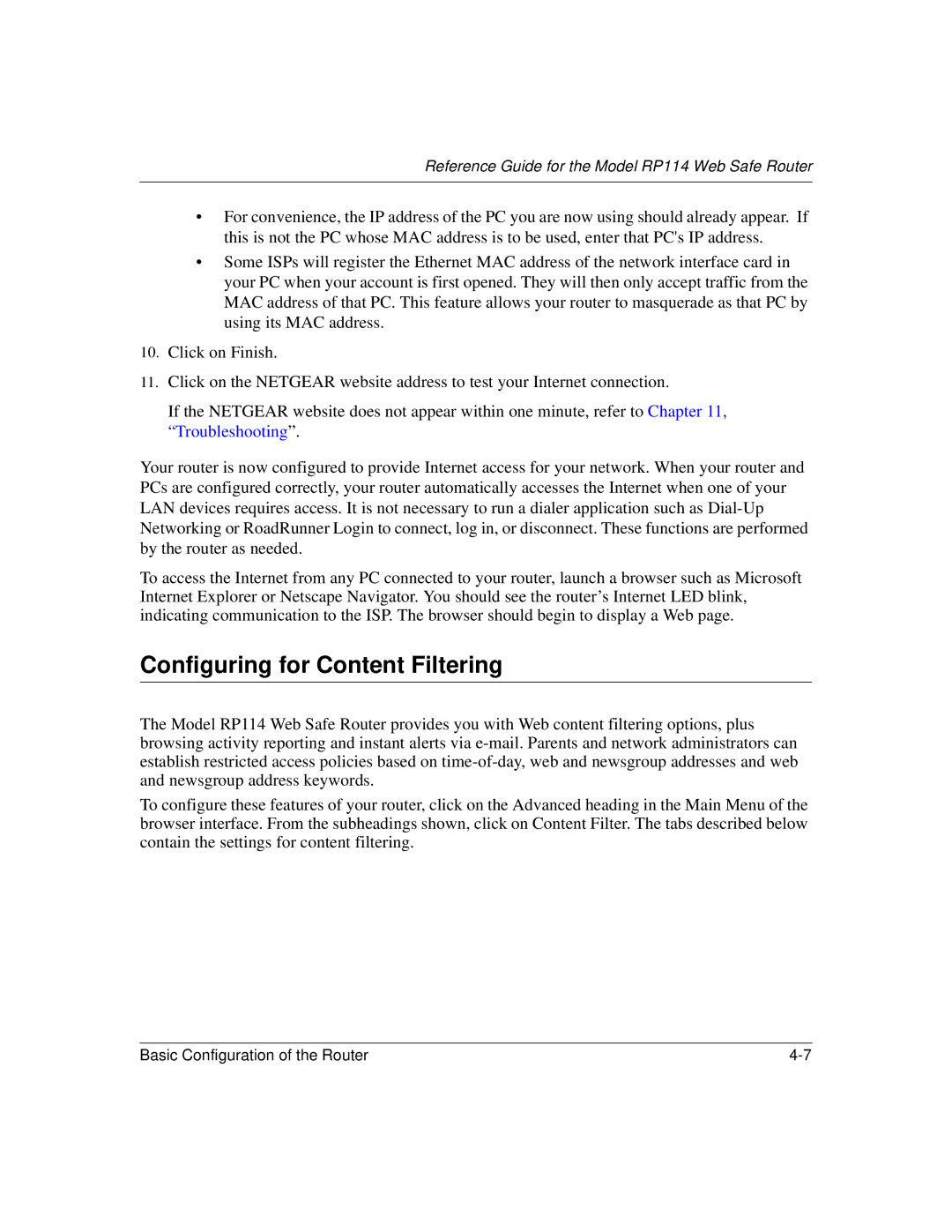 NETGEAR RP114 manual Configuring for Content Filtering 