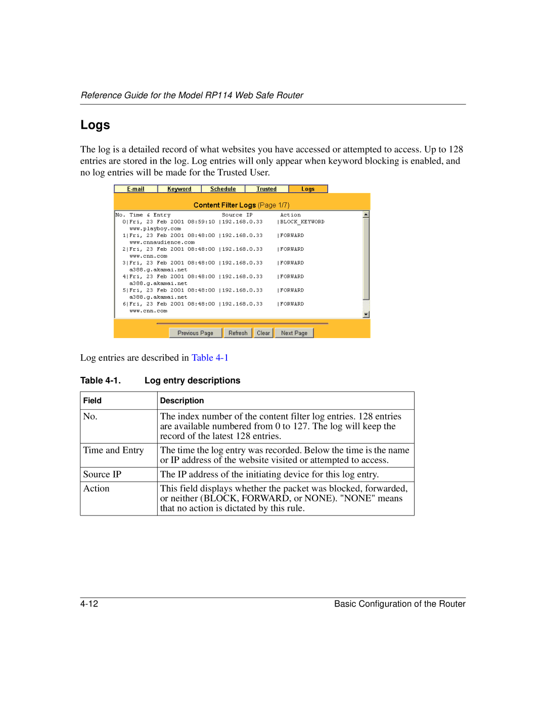 NETGEAR RP114 manual Logs, Log entry descriptions 