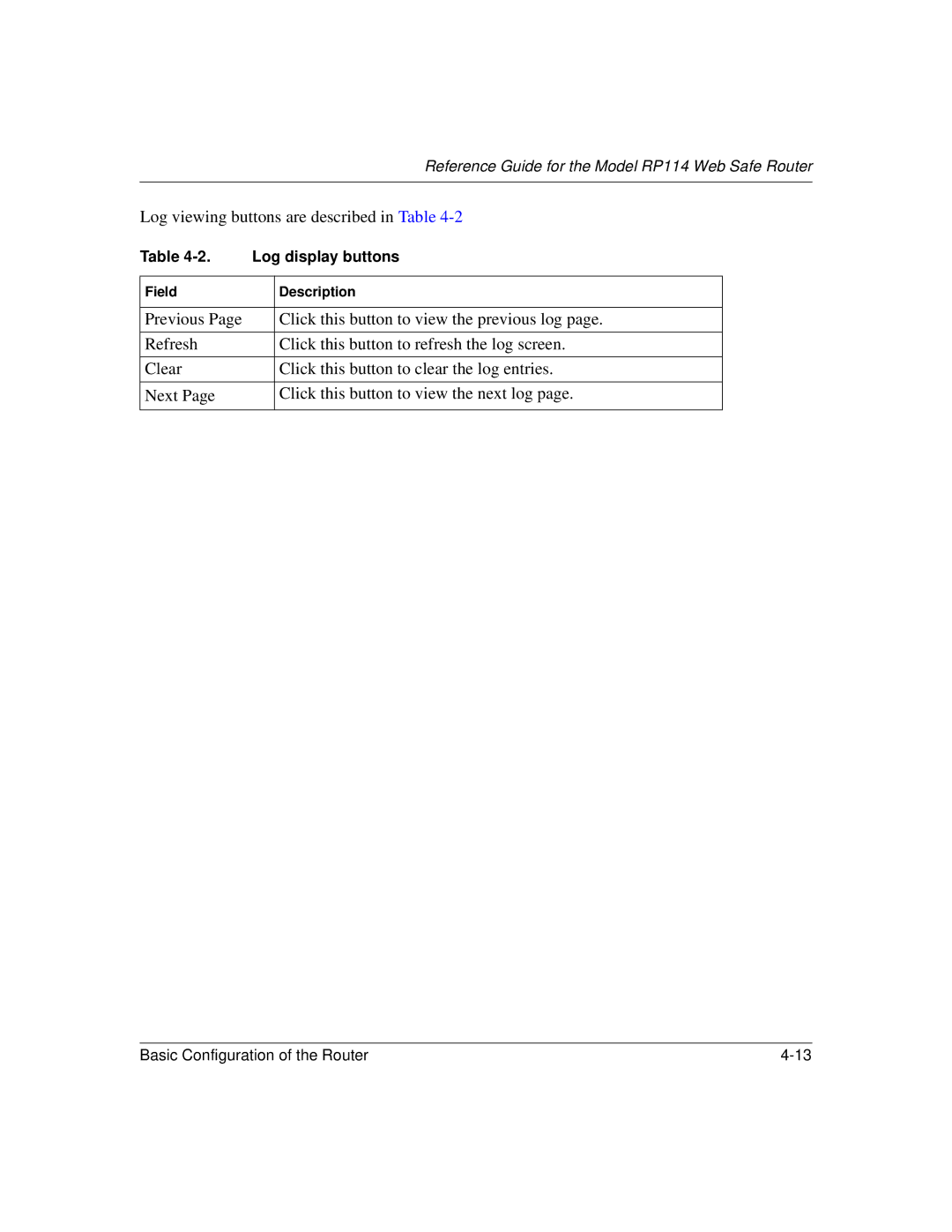 NETGEAR RP114 manual Log display buttons 