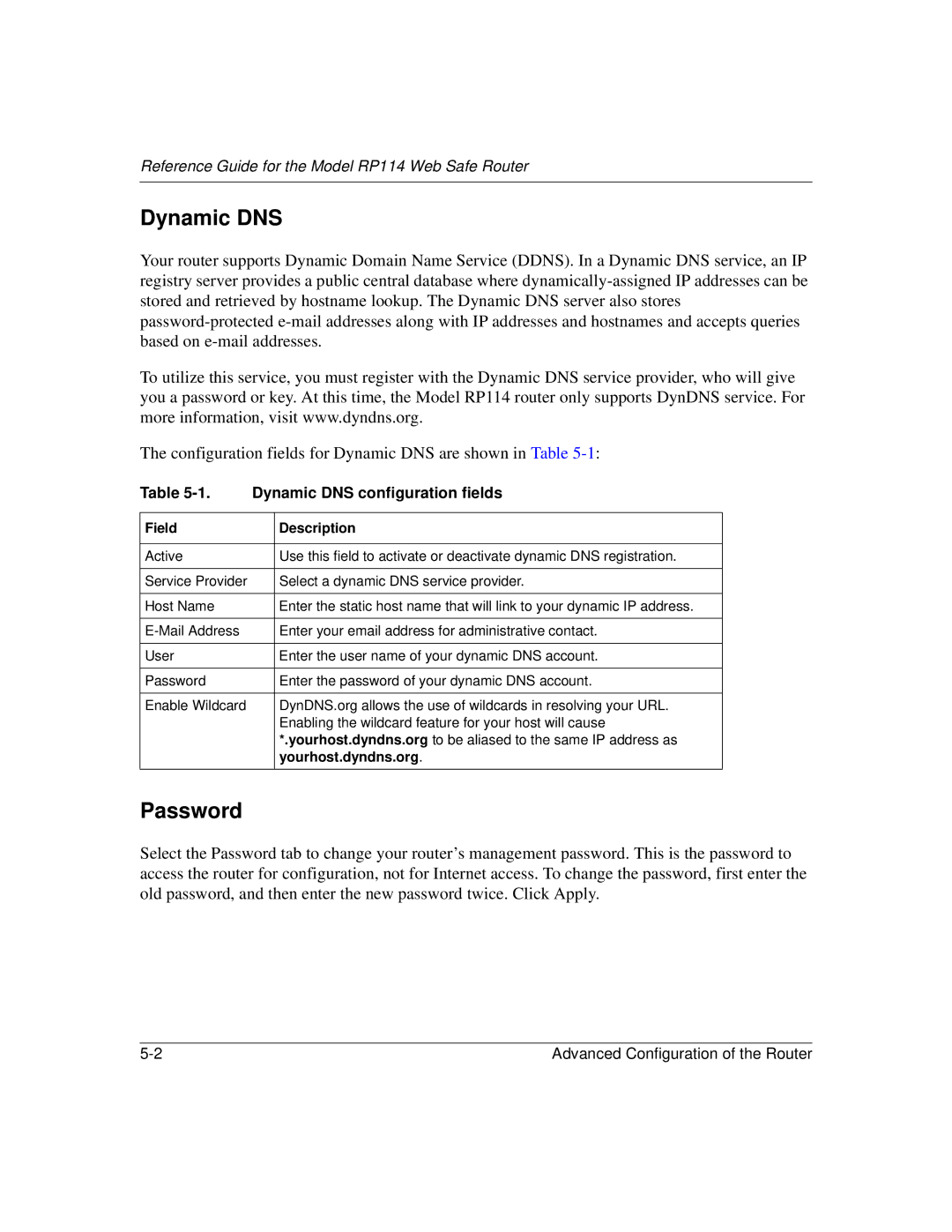 NETGEAR RP114 manual Password, Dynamic DNS configuration fields 