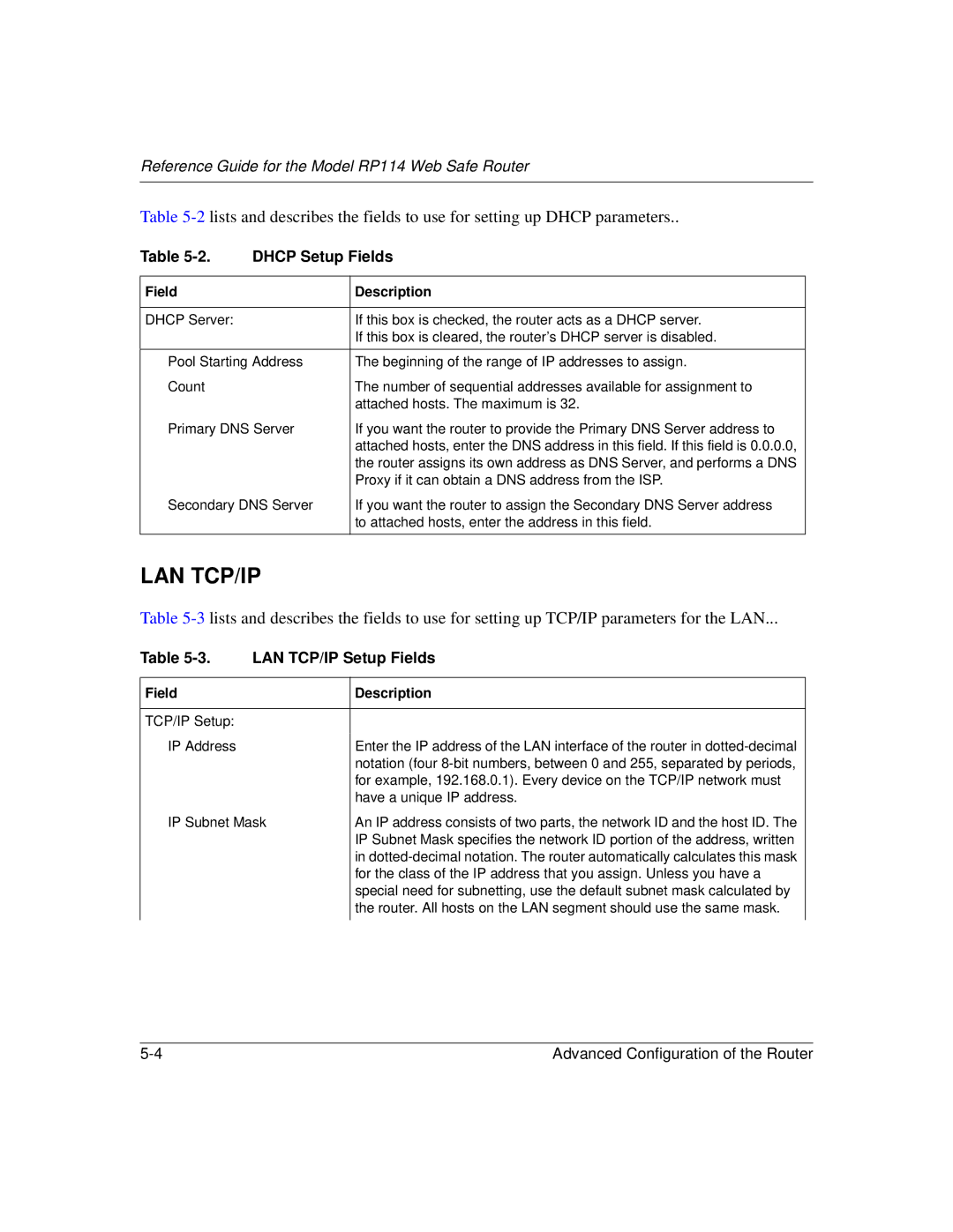 NETGEAR RP114 manual Dhcp Setup Fields, LAN TCP/IP Setup Fields 