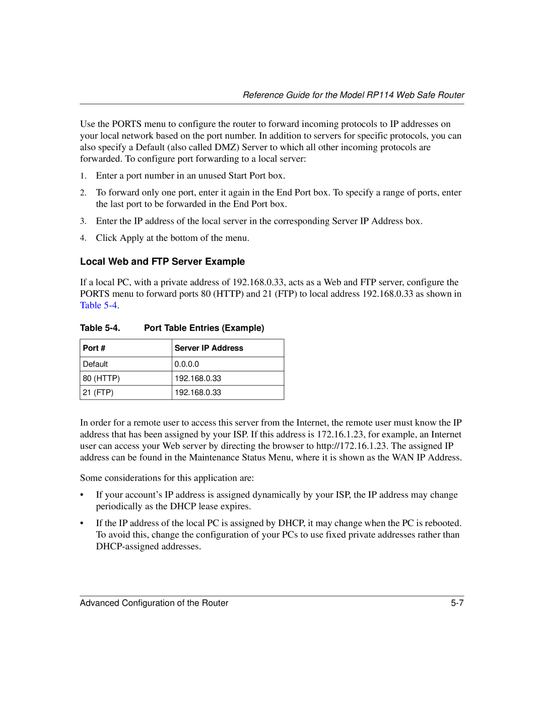 NETGEAR RP114 manual Local Web and FTP Server Example, Port Table Entries Example 