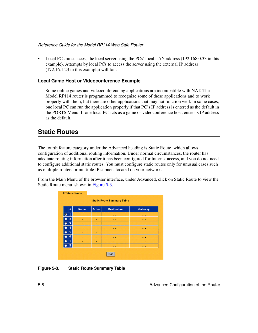 NETGEAR RP114 manual Static Routes, Static Route Summary Table 