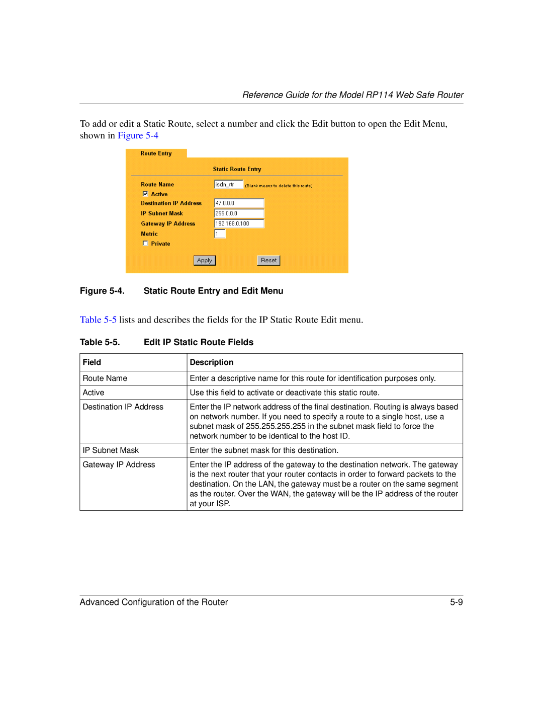 NETGEAR RP114 manual Static Route Entry and Edit Menu, Edit IP Static Route Fields 