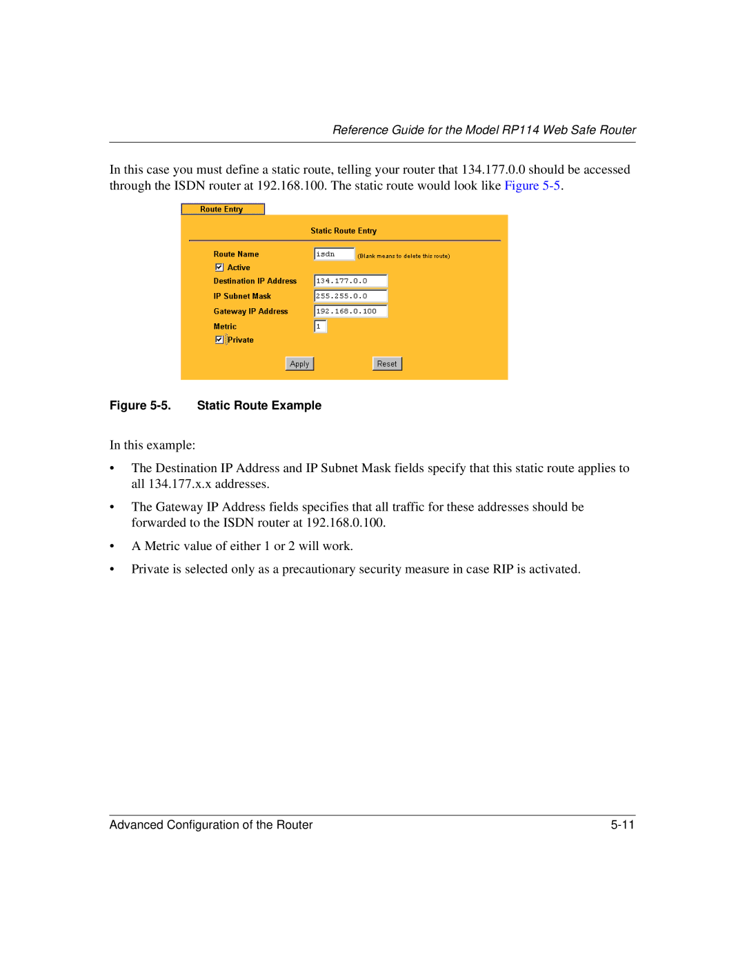 NETGEAR RP114 manual Static Route Example 