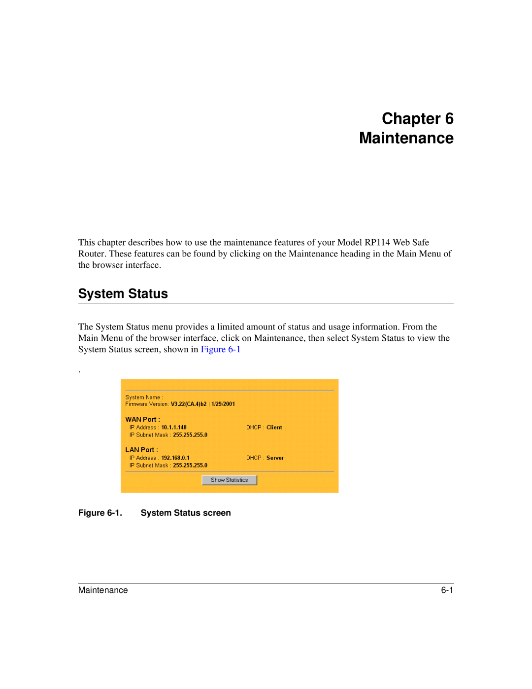 NETGEAR RP114 manual Chapter Maintenance, System Status 