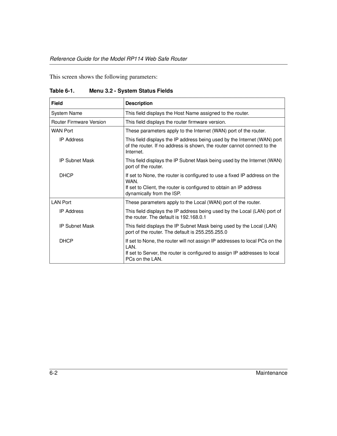 NETGEAR RP114 manual This screen shows the following parameters, Menu 3.2 System Status Fields 