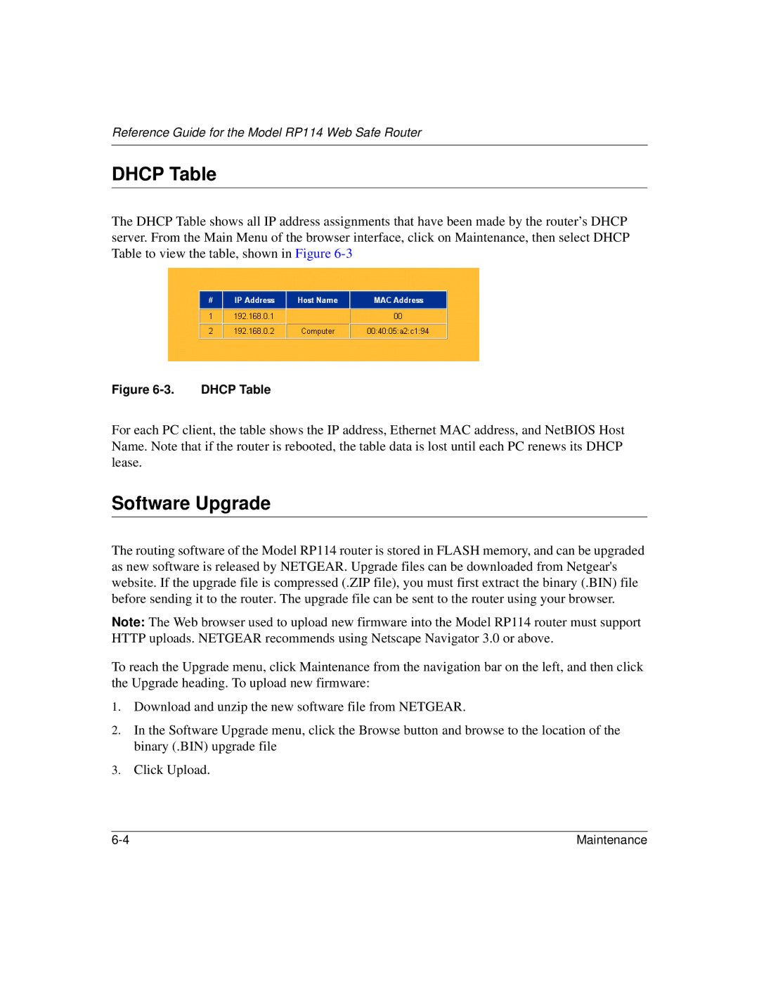 NETGEAR RP114 manual Dhcp Table, Software Upgrade 