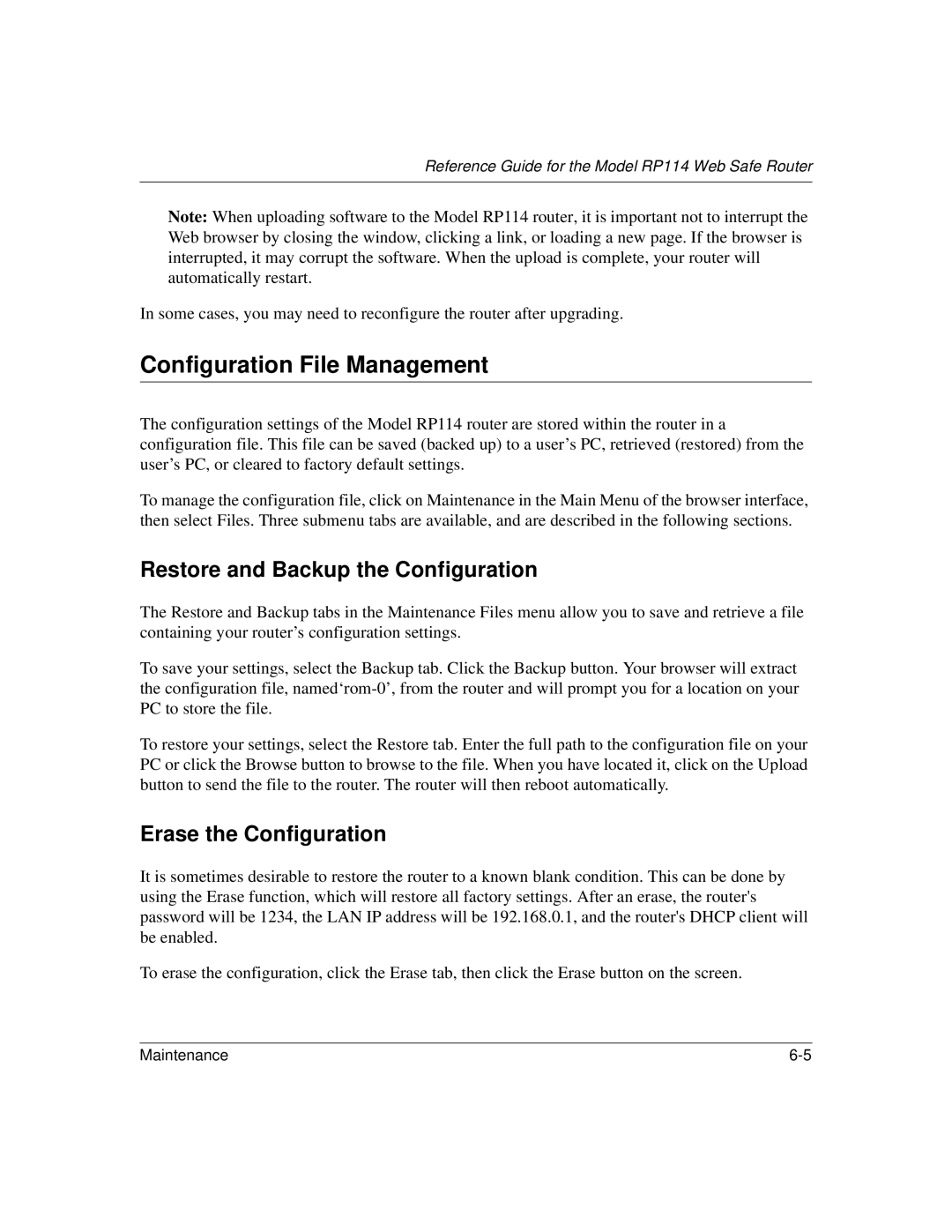 NETGEAR RP114 manual Configuration File Management, Restore and Backup the Configuration, Erase the Configuration 