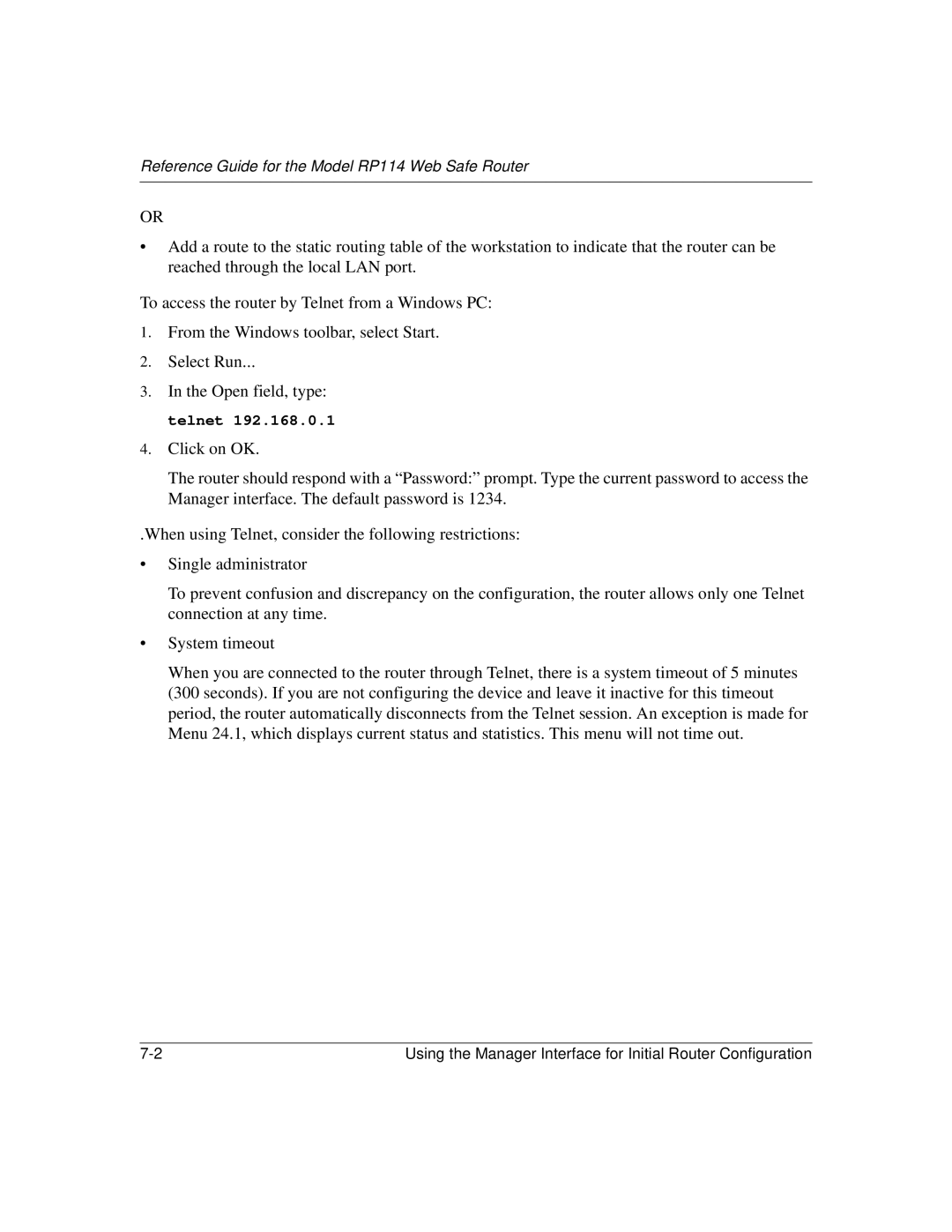 NETGEAR RP114 manual Open field, type telnet 