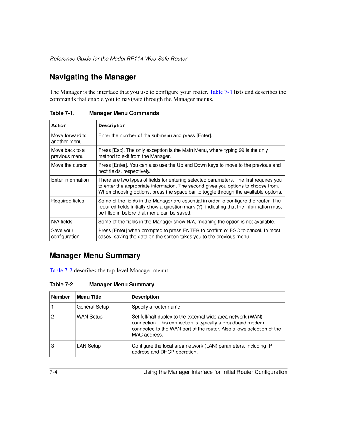 NETGEAR RP114 manual Navigating the Manager, Manager Menu Summary, Manager Menu Commands 