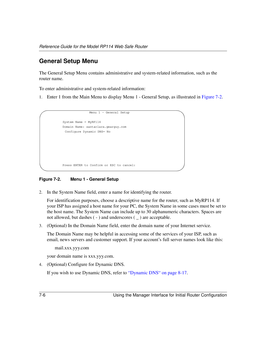 NETGEAR RP114 manual General Setup Menu, Menu 1 General Setup 