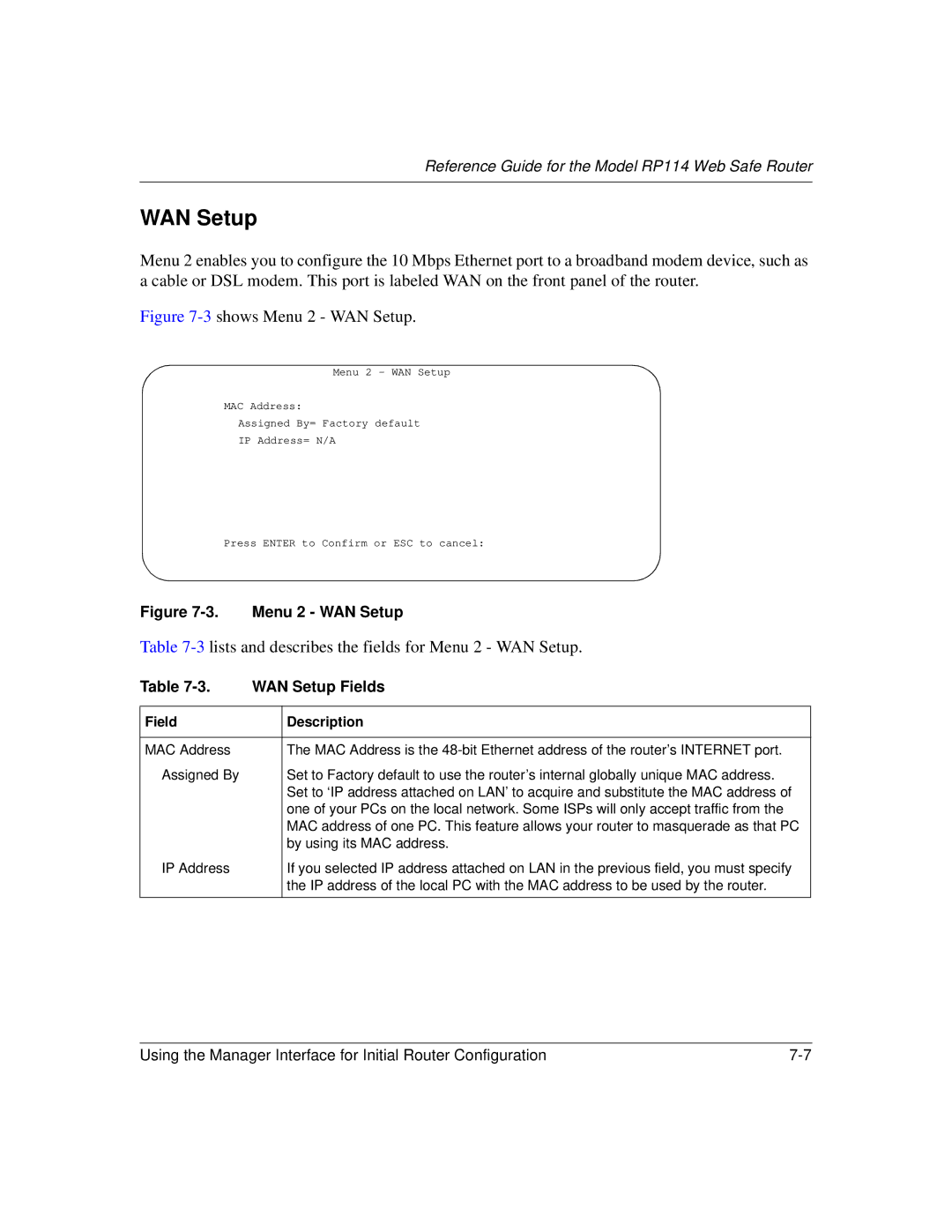 NETGEAR RP114 manual WAN Setup Fields 