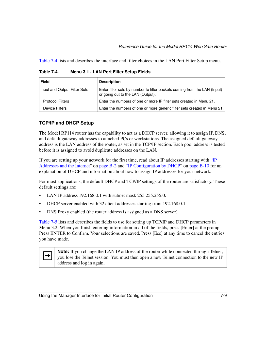 NETGEAR RP114 manual TCP/IP and Dhcp Setup, Menu 3.1 LAN Port Filter Setup Fields 