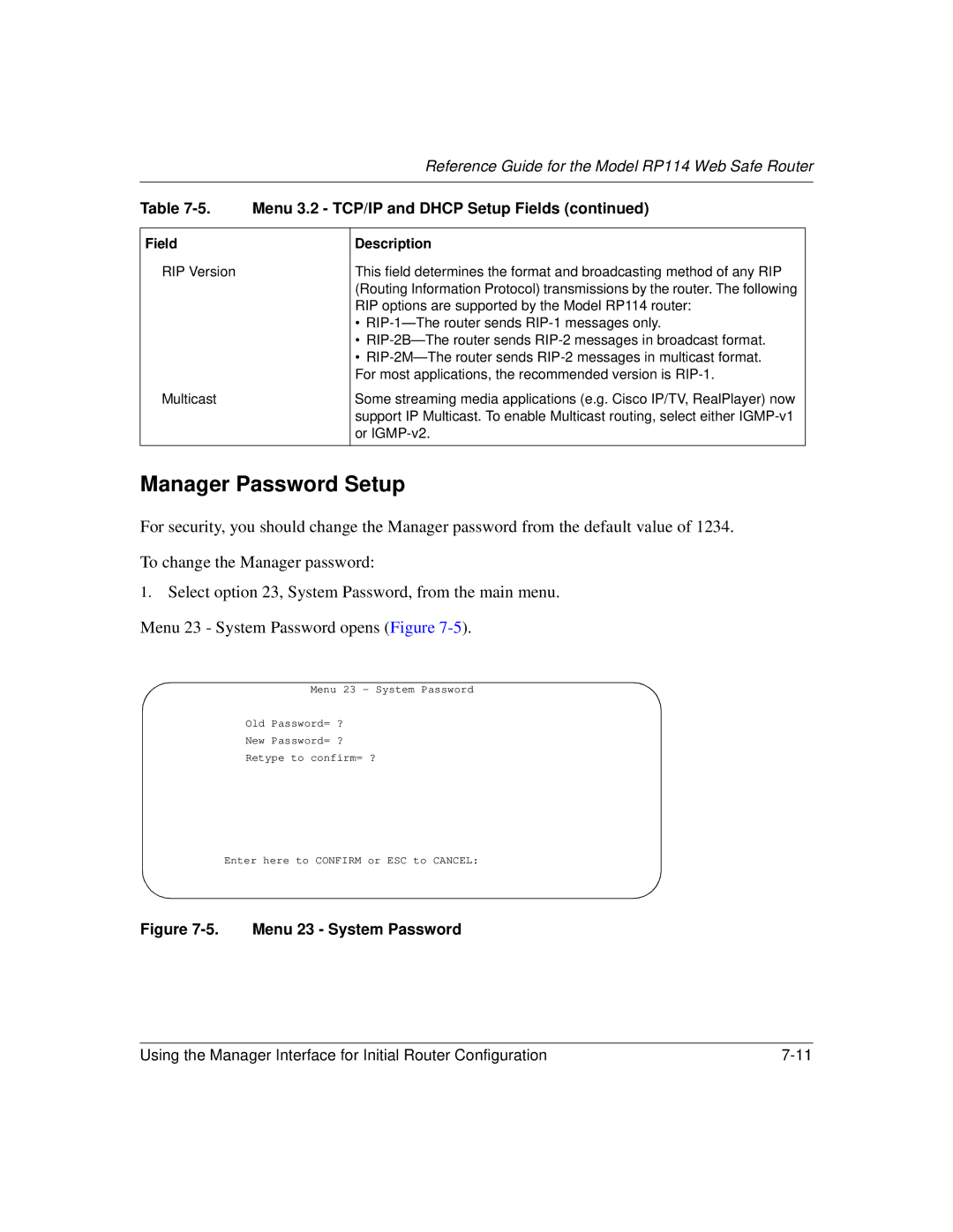 NETGEAR RP114 manual Manager Password Setup, Menu 23 System Password 