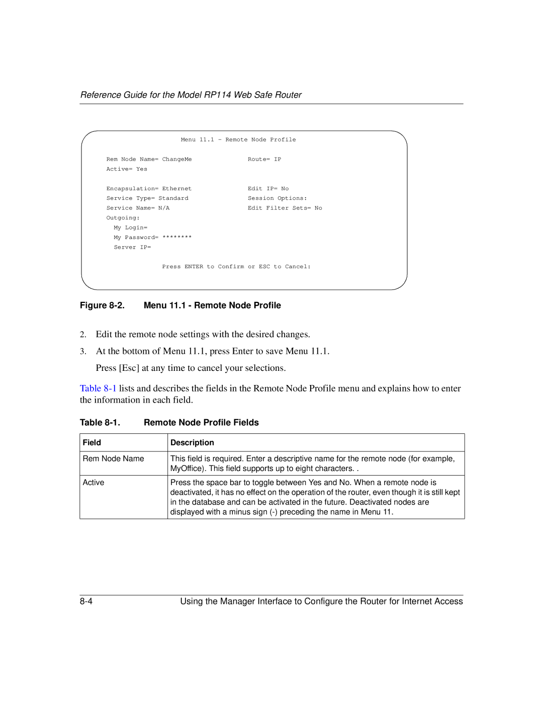 NETGEAR RP114 manual Menu 11.1 Remote Node Profile, Remote Node Profile Fields 