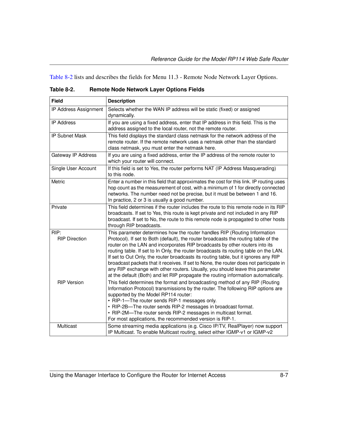 NETGEAR RP114 manual Remote Node Network Layer Options Fields, Rip 