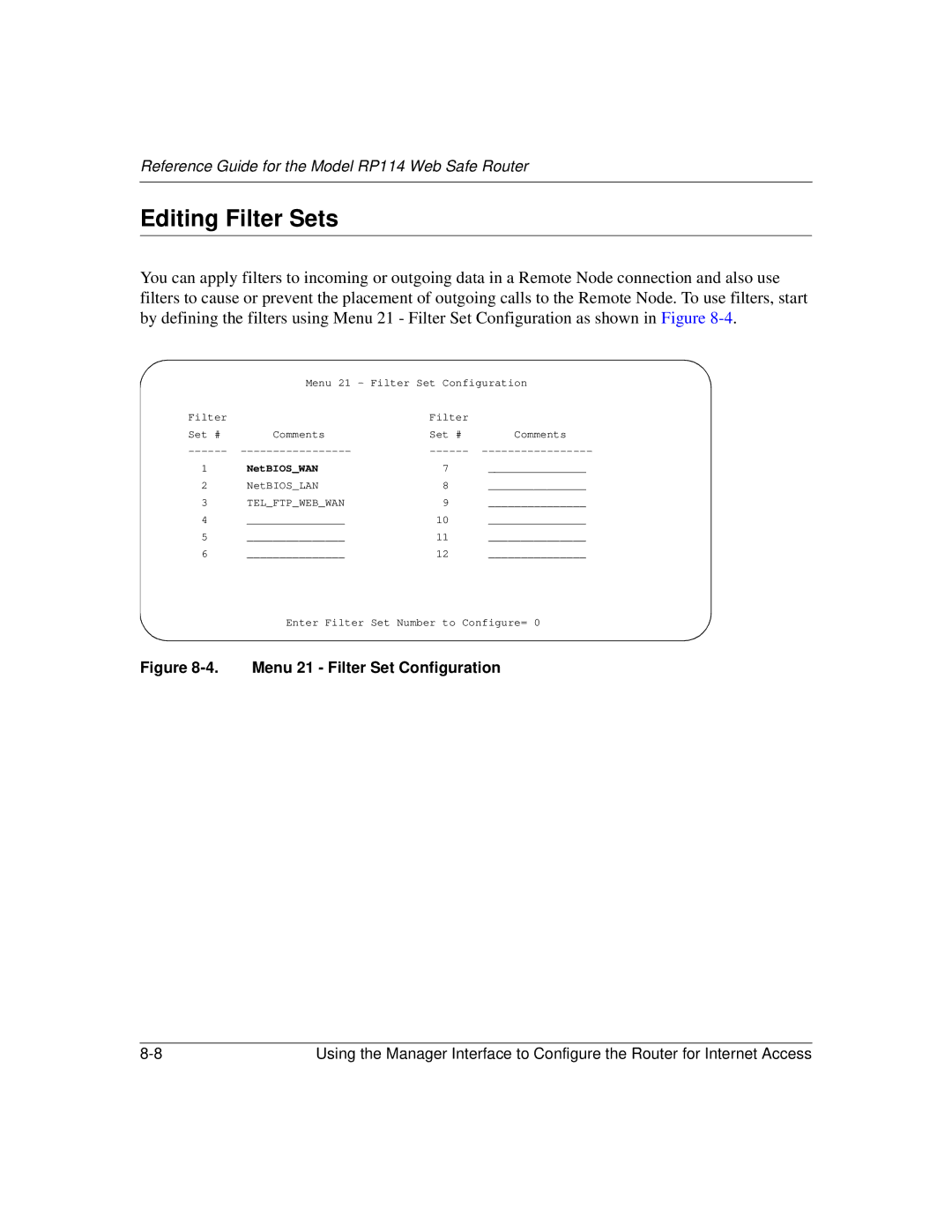 NETGEAR RP114 manual Editing Filter Sets, Menu 21 Filter Set Configuration 