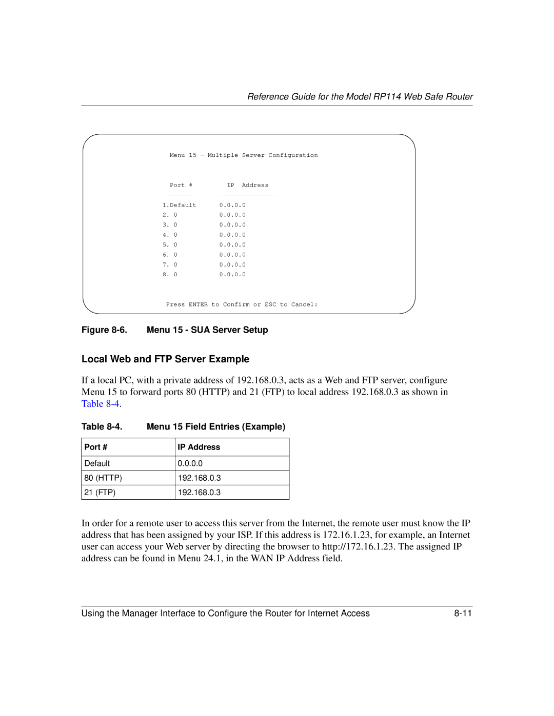 NETGEAR RP114 manual Menu 15 SUA Server Setup, Menu 15 Field Entries Example 