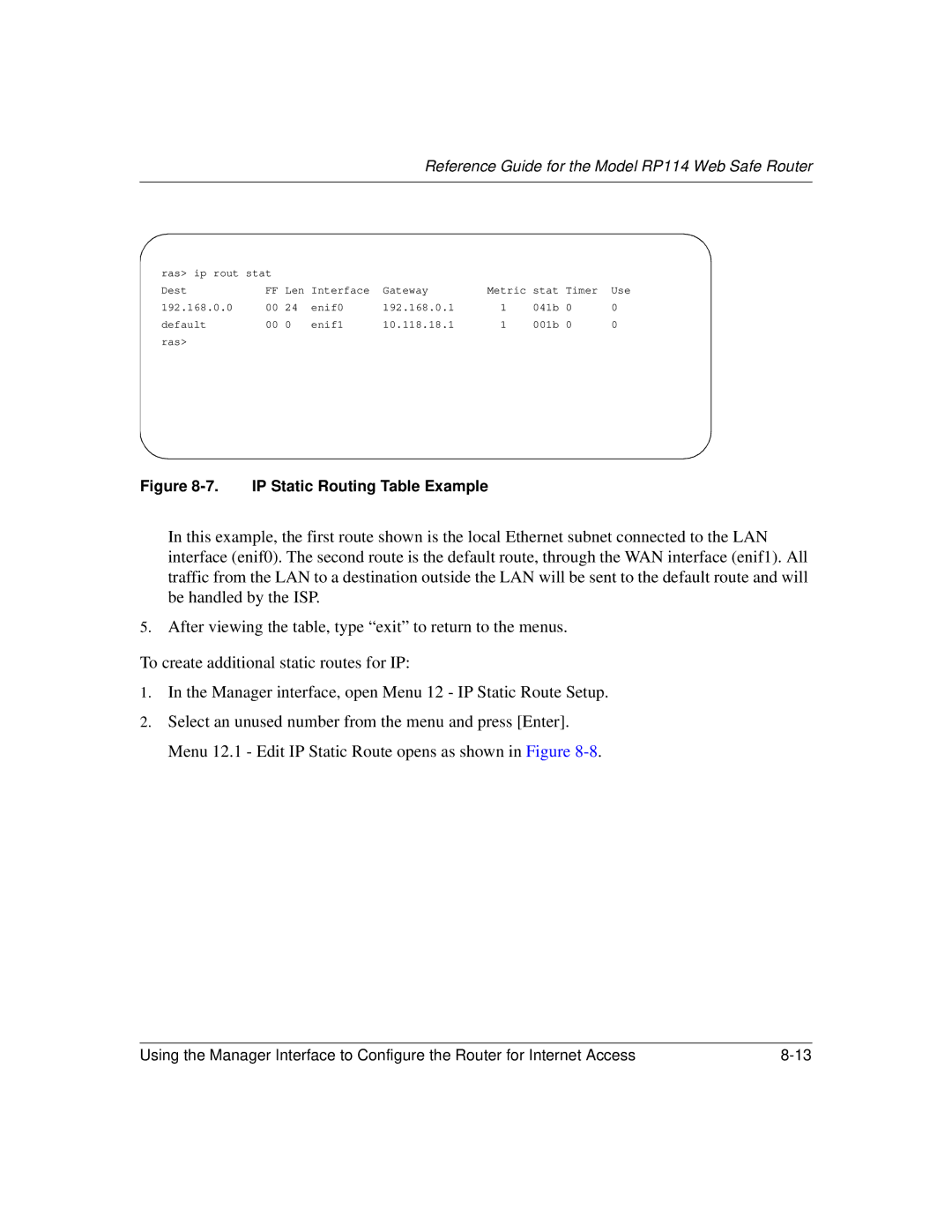 NETGEAR RP114 manual IP Static Routing Table Example 