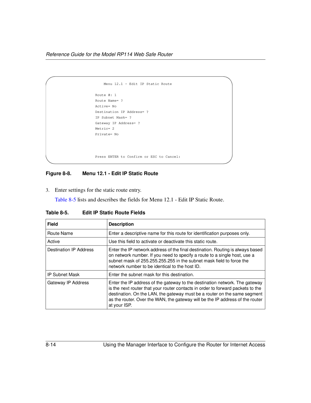 NETGEAR RP114 manual Menu 12.1 Edit IP Static Route 